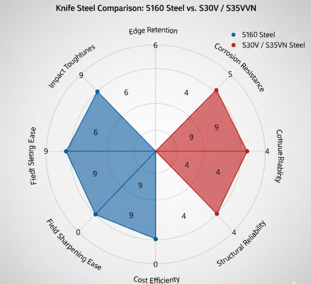 kukri knife steel data showing radar graph of comparison between 5160 steel and super steels for kukri making